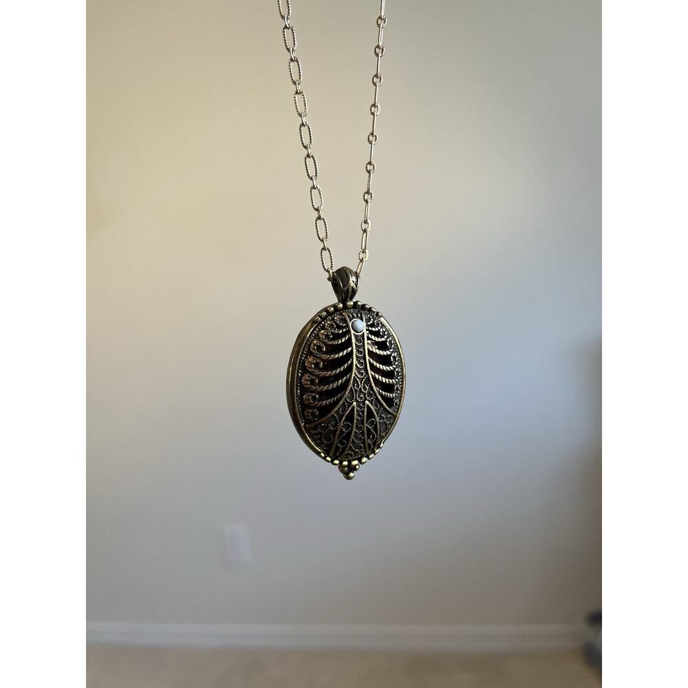 Vintage Antique Bronze Reversible Medallion Necklace Long Flower Domed Cage 40” - Picture 2 of 12